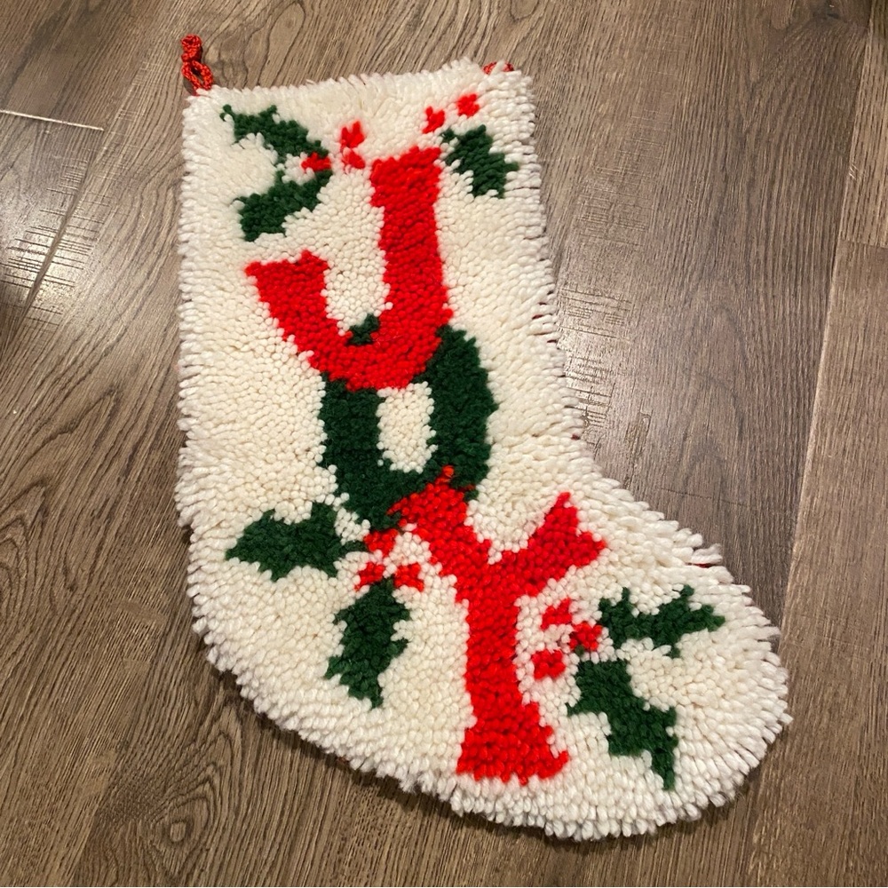 Vintage βJoyβ Latch Hook Yarn Design with Holly Accents andβ Red Corduroy